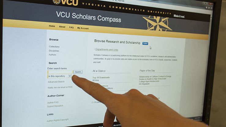 A screen shot of the entry page to the new Scholars Compass institutional repository for VCU.