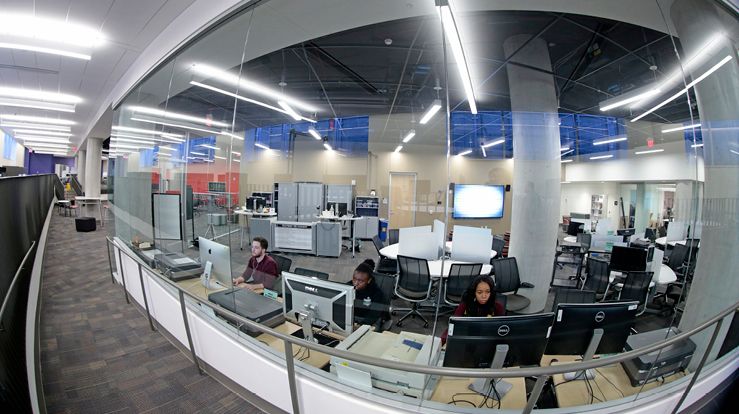 Image through the glass on the lower level, Cabell Library