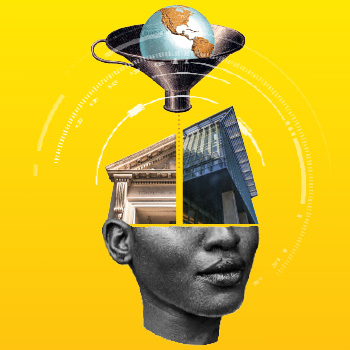 Lower level of a head with library buildings, a globe and a funnel above