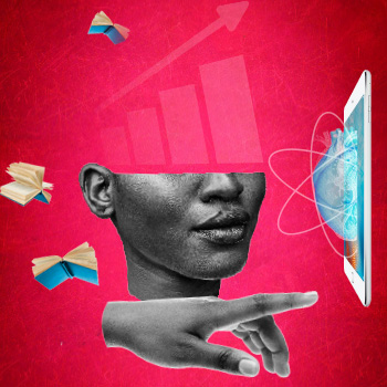Lower half of a face and a hand pointing at a screen on a red background with floating books