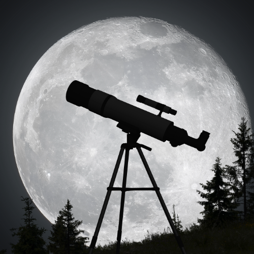 a black and white image of the moon taking up most of the square with the silhouette of a telescope centered in the backdrop of the moon