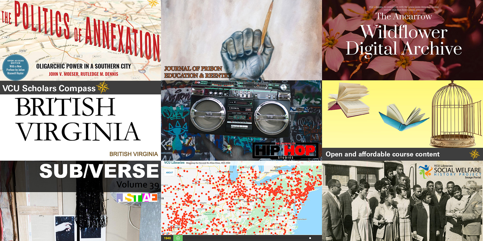 Collage of works that VCU Libraries has published.