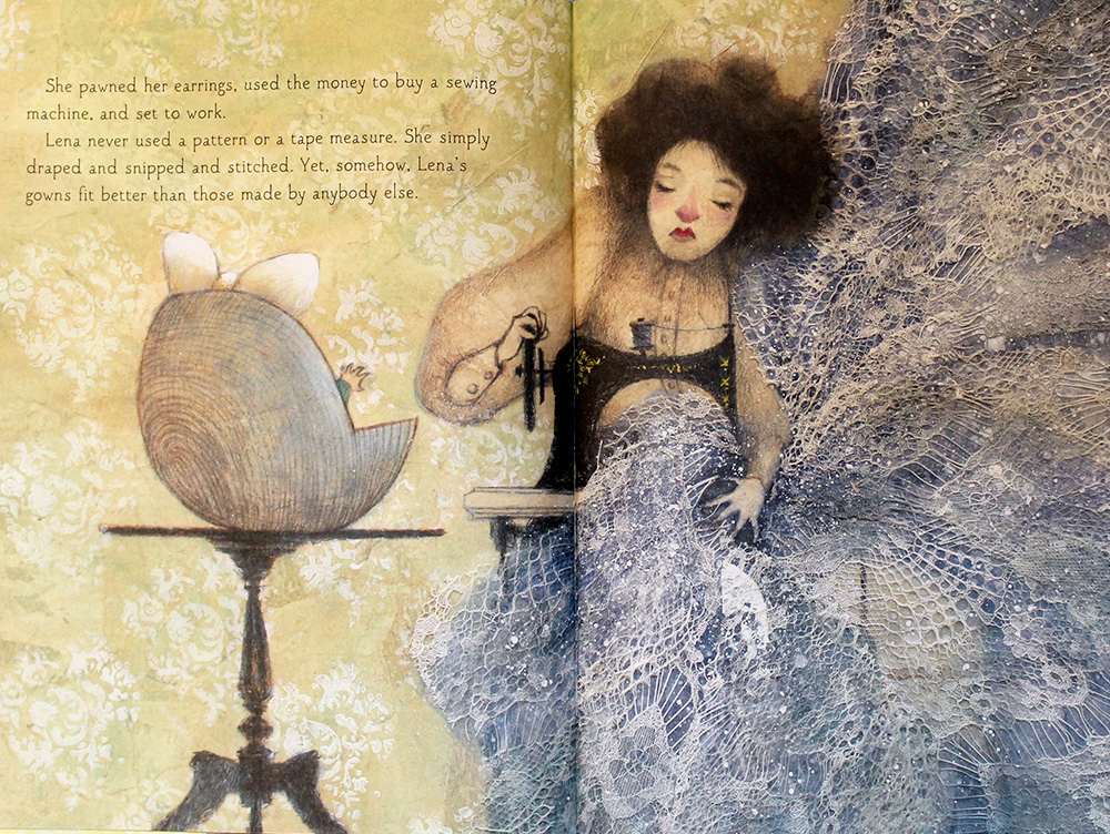 A spread of a woman sewing a dress from the book