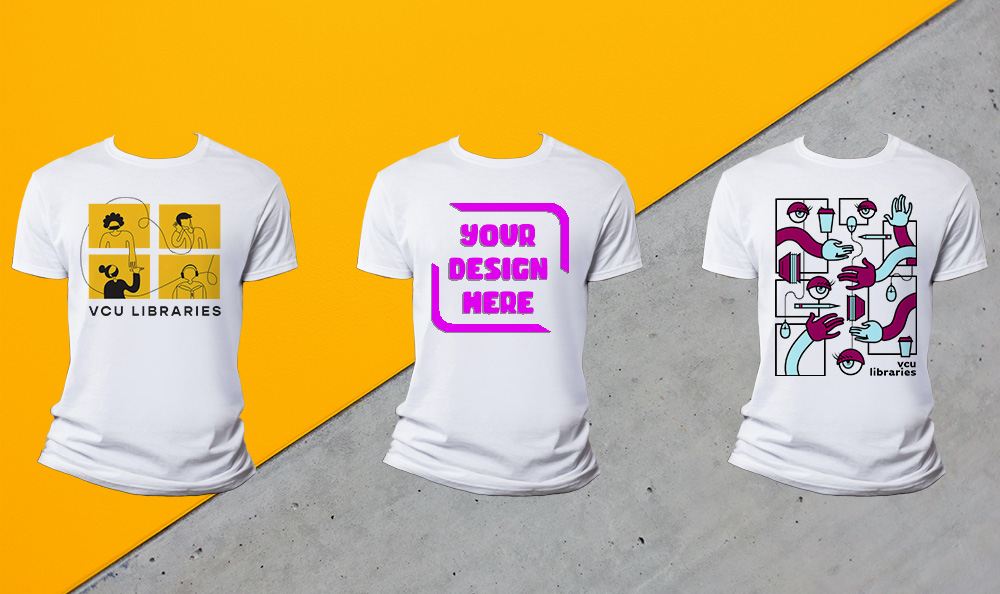 T-shirts on a gold and grey background with 3 t-shirts. Two have previous designs on it and one says 