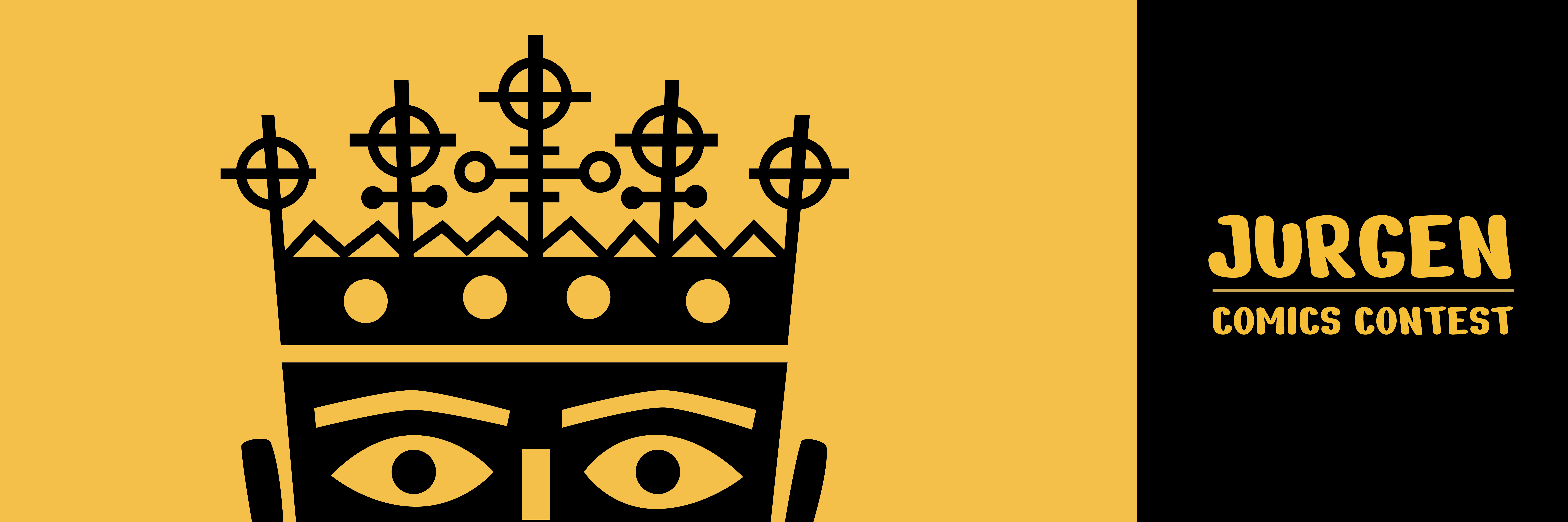 A graphic illustration of a head wearing a crown in black on a field of gold with the text