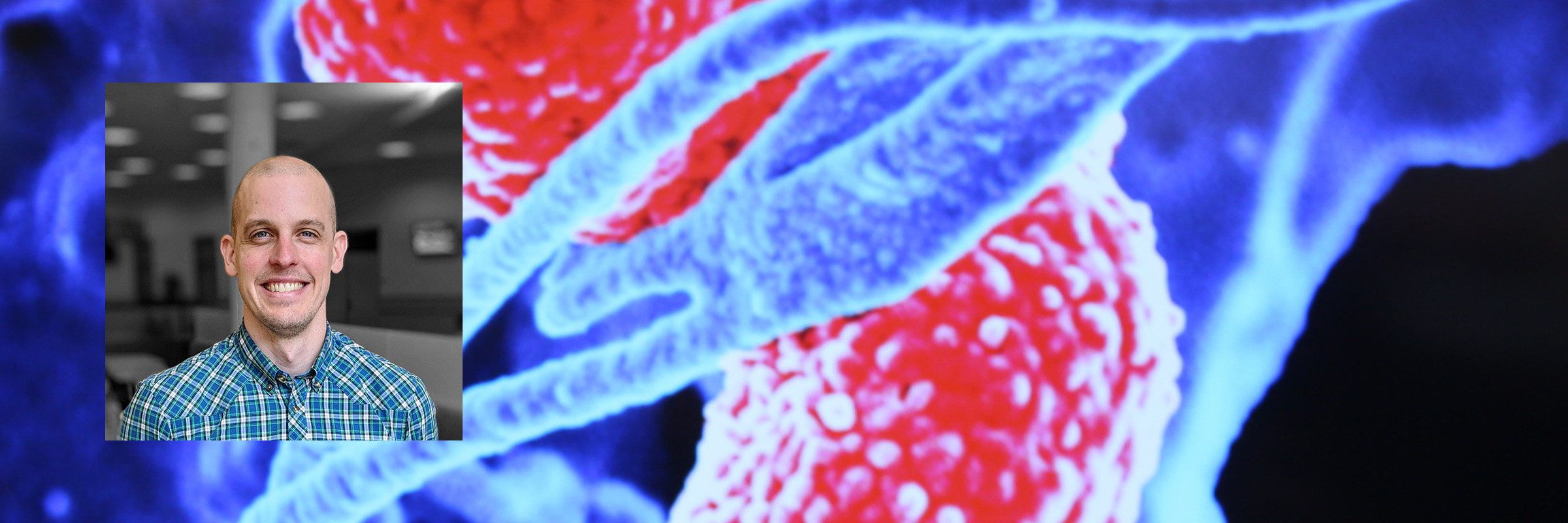A headshot of Dr. Koebley on a backround that shows bacteria.