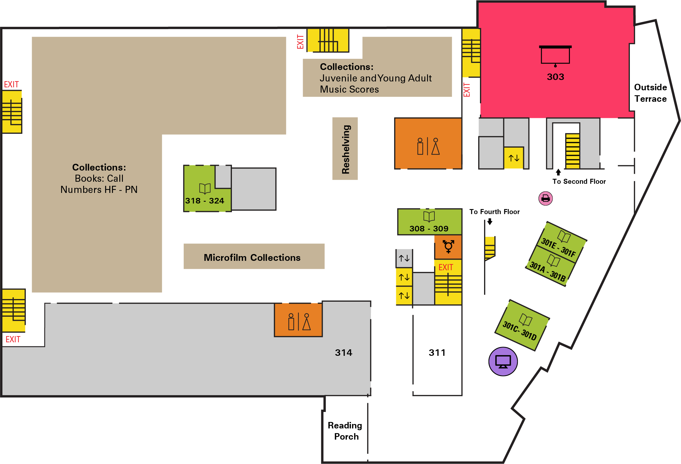 Floor map of the third floor of Cabell Library